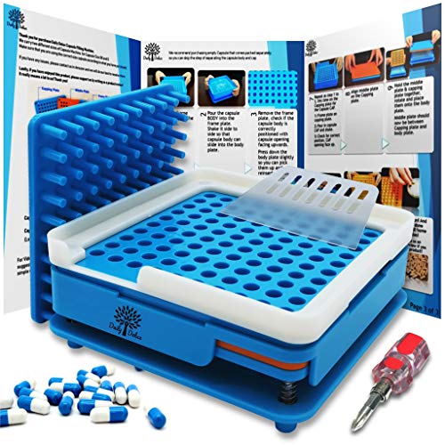 Daily Delux English Version #00 Capsule Holder with Improved Tamper (Free Pill Box & Screwdriver), 100 Holes Tray for Capsules, Filling Tools (Blue #00)