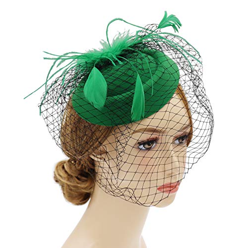 Wheebo Fascinator Hat Flower Feather Mesh Veil Wedding Tea Party Derby Cocktail Hat Headwear for Women Lady Girls (D-Forest Green)