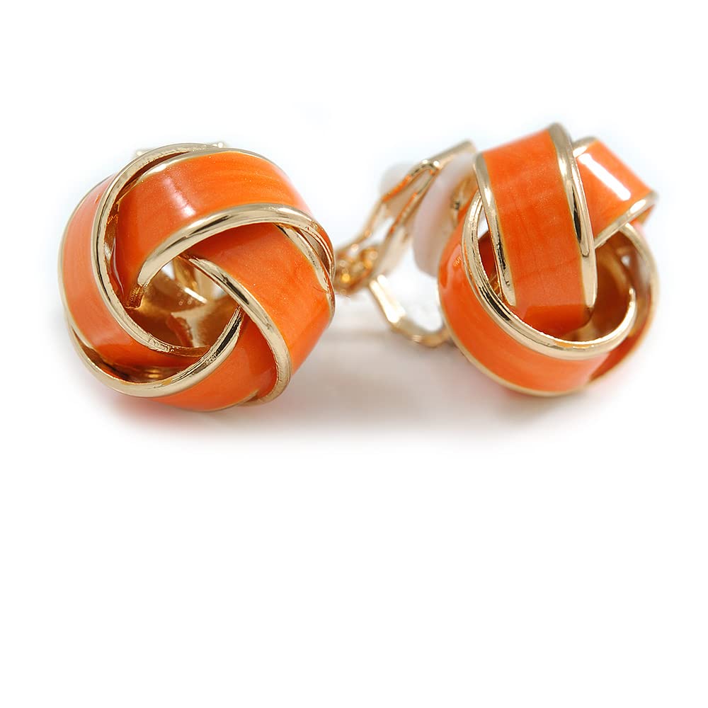 Orange Enamel Knot Clip On Earrings In Gold Tone - 15mm