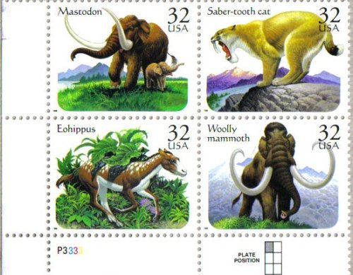 PREHISTORIC ANIMALS ~ MASTODON ~ EOHIPPUS ~ WOOLLY MAMMOTH ~ SABER-TOOTH CAT #3080a Plate Block of 4 x 32 US Postage Stamps