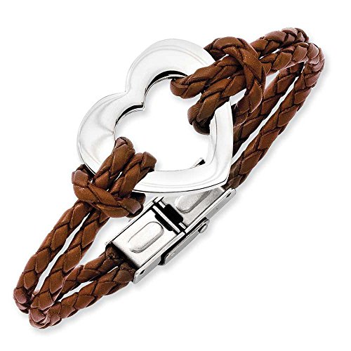 Chisel Stainless Steel Polished Heart 7.5in Leather Bracelet