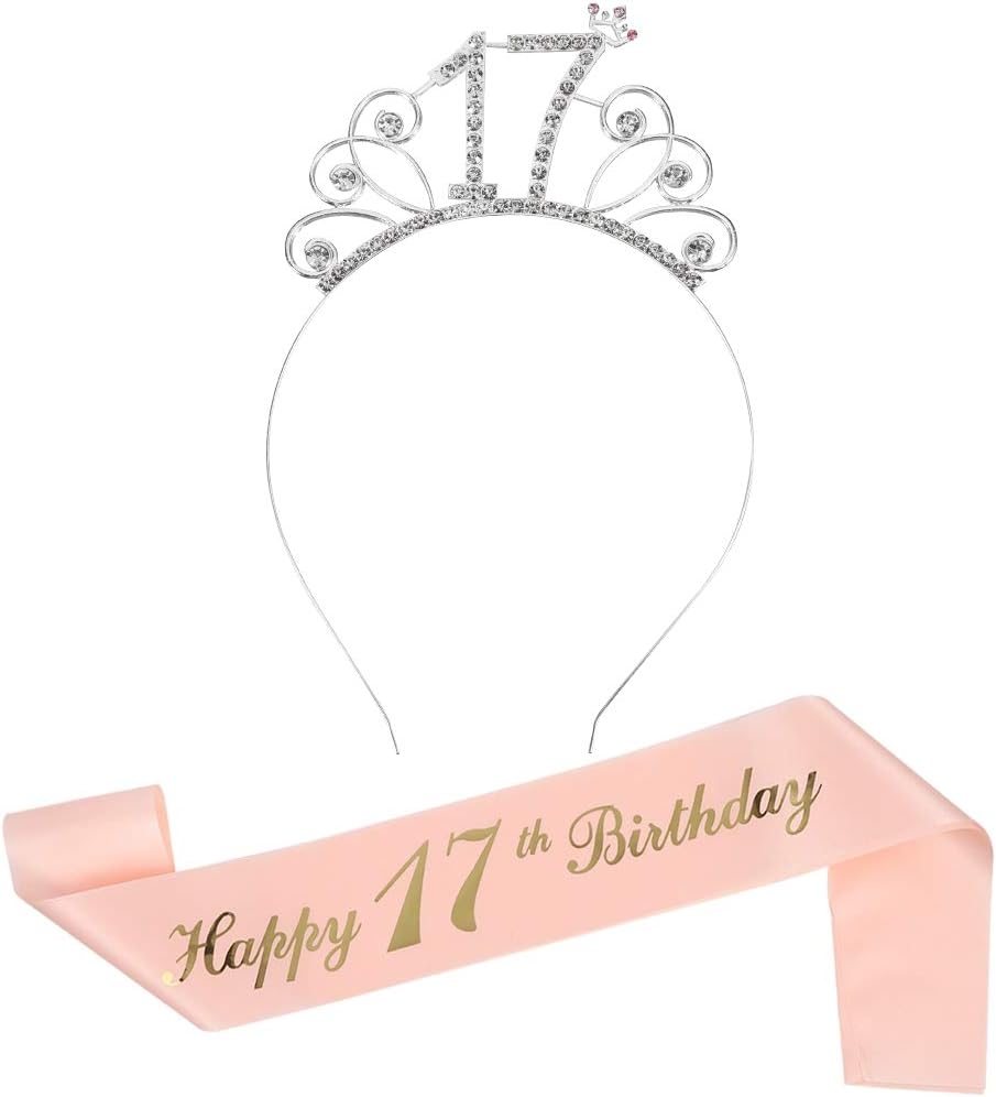 17th Rose Gold Happy Birthday Sash and Tiara Rhinestone Crown Headband for 17th Birthday Party Accessories, Decoration