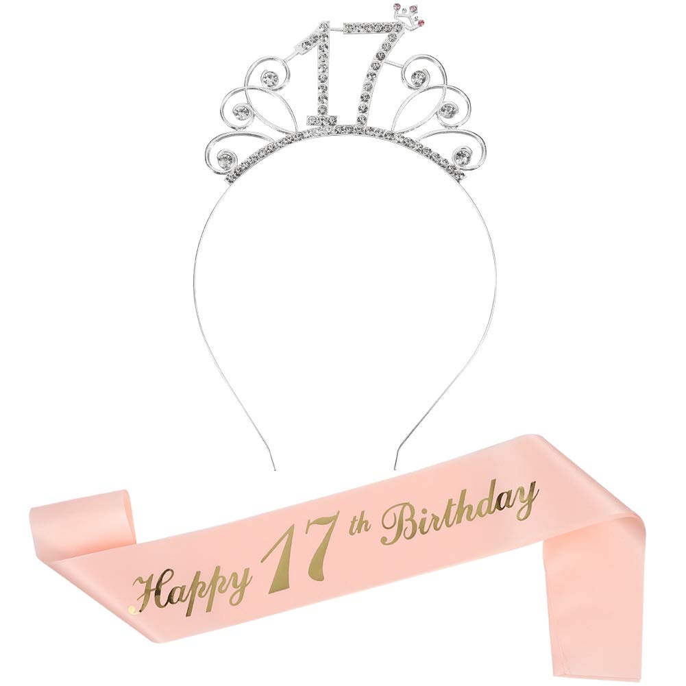 17th Rose Gold Happy Birthday Sash and Tiara Rhinestone Crown Headband for 17th Birthday Party Accessories, Decoration