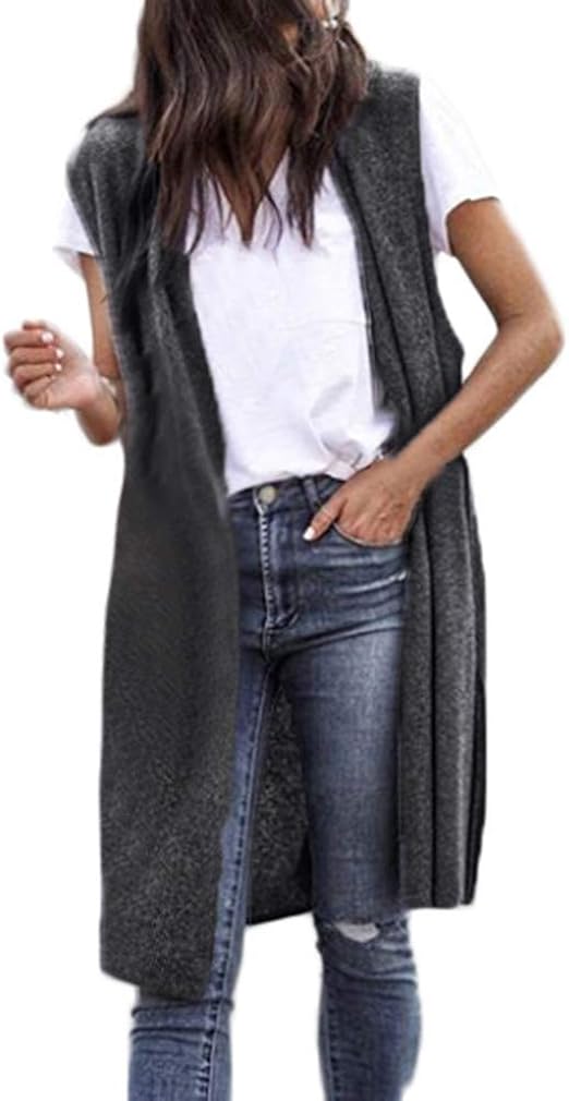 Women's Sleeveless Solid Cardigan Color Long Vest Open Front Fashion