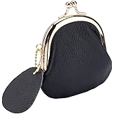 CALFOVERA Cowhide Leather Compact Ladieds Coin Wallet Genuine Leather Kiss Lock Coin Purse Pouch Retro Handmade Mini Change Holder Wallet for Women Jewelry Earphones Money Organizer(White)