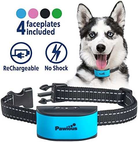 Pawious Bark Collar - Humane No Shock Rechargeable Anti Barking Collar for Small and Medium Dogs - 4 Color Faceplates, No Harmful Prongs, Beep + Vibration, 7 Sensitivity level