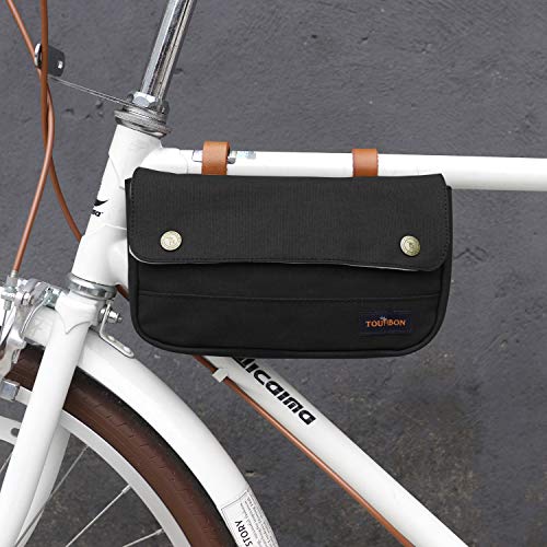 TOURBON Vintage Canvas Bike Panniers Bicycle Handlebar Bag (Black) - Thumbnail 4