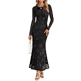 MEROKEETY Women's 2026 Spring Wedding Guest Maxi Dress Long Sleeve Bodycon Floral Mesh Fall Cocktail Formal Party Dresses