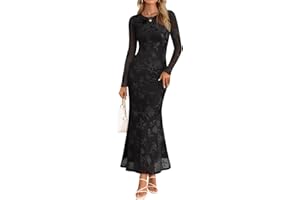 MEROKEETY Women's Fall Cocktail Formal Wedding Guest Dress Long Sleeve Maxi Bodycon Floral Mesh Winter Party Dresses