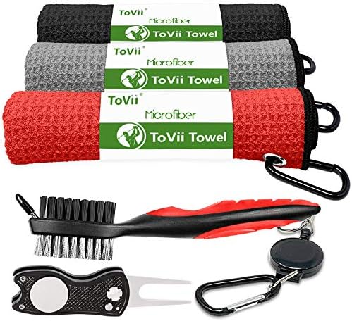 ToVii Golf Towel Microfiber Waffle Pattern Golf Towel | Brush Tool Kit with Club Groove Cleaner | Golf Divot Tool | Golf Accessories for Men ToVii Golf Towel Microfiber Waffle Pattern Golf Towel | Brush Tool Kit with Club Groove Cleaner | Golf Divot Tool | Golf Accessories for Men