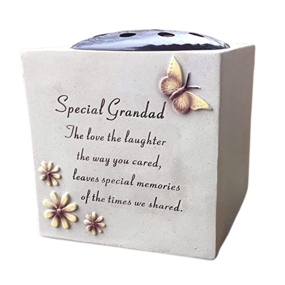 PHG Grave Vase Rose Bowl with Butterfly and Flowers | Memorial Flower Holders, Engraved with a Funeral Verse | Weatherproof-Grave Decoration Ornament | Flower Holder 14 x 15 cm (Grandad)