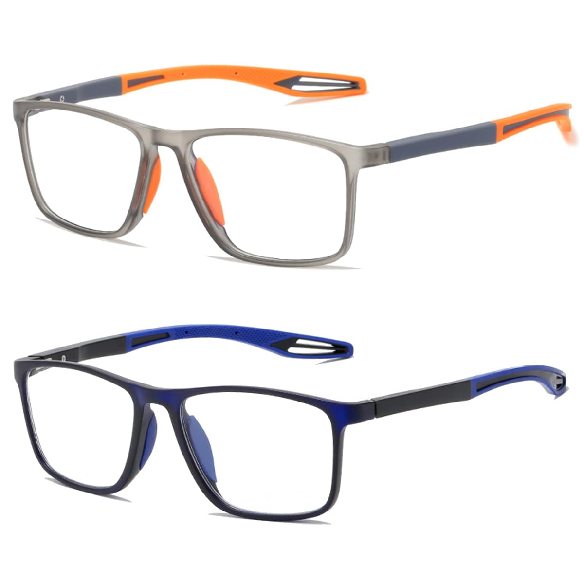 ZUVGEES 2 Pack TR90 Square Sports Reading Glasses for Men and Women(2 Pairs(Gray&Orange+Blue),1.00)