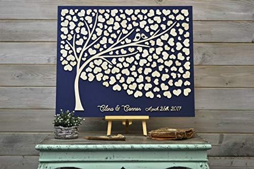 Custom Colors 3D Wedding Guest Book Alternative Tree Navy Wedding Wood Hearts Guest Book Unique Guestbook Wooden Tree of Life Wedding Gift