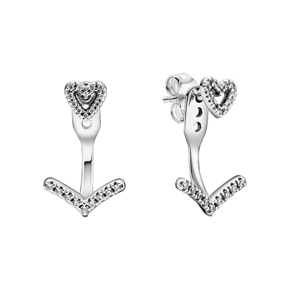 Pandora Wish Sparkling Wishbone Heart Stud Earrings Made of Sterling Silver with Zirconia Stones/Size: 1.7 cm, 1,7cm, Precious metal, Cubic Zirconia