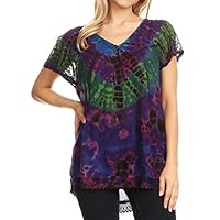 Sakkas 17787 - Josea Relaxed Fit Tie Dye Embroidered Crepe Cap Sleeve Blouse | Cover Up - Raspberry - OSP