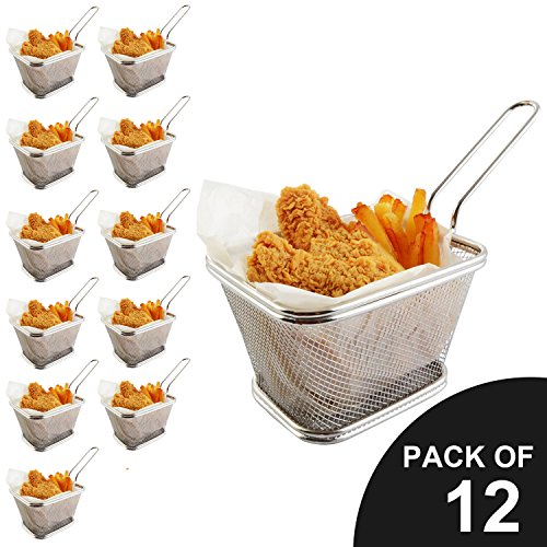 Click Here to See More Images Best Utensils Chips Fry Baskets Stainless Steel Mini Fryer Basket Strainer Serving Food Presentation Cooking Tool French Fries Basket, Pack of 12 (L - 5 INCHES)