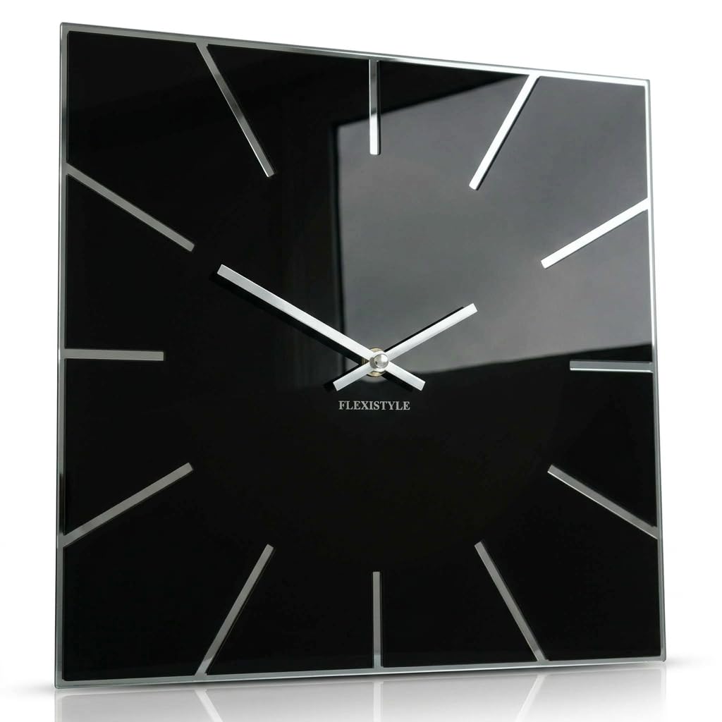 FLEXISTYLE Exact Square Wall Clock 30cm Diameter No Ticking Noise Modern Design Acrylic Glass and Acrylic Mirror for Living Room Bedroom (Black)