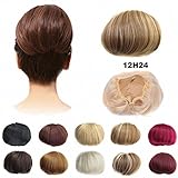 FESHFEN Bridal Hair Bun Updo Scrunchy Scrunchie Hairpiece Wig Hair Ribbon Ponytail Extensions Clips Straight Drawstring Hair Chignons Topknot Knot-12H24 Light Golden Brown & Pale Golden Blonde