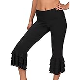 Women’s Layered Ruffle Hem Capri Yoga Pants Solid High Waist Workout Bell Leggings Slim Tummy Control Flare Bottom