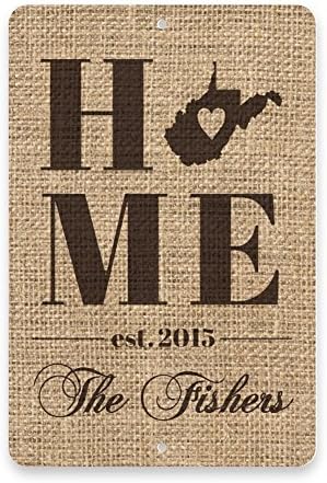 Rustic Metal Sign Post Personalized Burlap Design West Virginia Home with Family Name Aluminum Wall Art Plaque Decoration