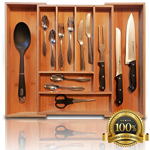 EXPANDABLE Bamboo Silverware Organizer 68 Slots Adjustable Drawer