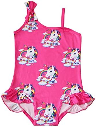 Little Girls' Cute Unicorn Swimwear One Piece Ruffled Swimsuit with Bow on Shoudler Straps (Rose Red, 7T)