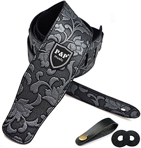 Guitar Strap for Electric Guitar, Acoustic Guitar and Bass, Includes 2 Strap Locks, 1 Leather-made Guitar Strap Button, Best for Guitar Players (Silver-Embossed)