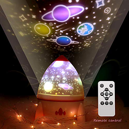 Esonstyle Musical Night Light,360 Rotating Star Lamp Rocket Projection Lamp Baby Musical Lamp with Rechargeable Battery,4 Music Rotating Remote Control and Timer Design Lamp