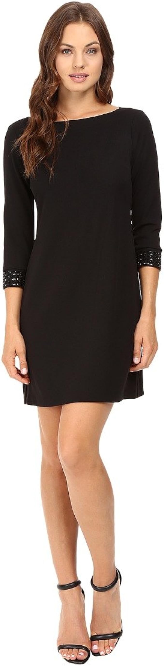 Vince Camuto Women's 3/4 Sleeve Shift Dress with Embellished Cuffs Black Dress at Amazon Womenâs 