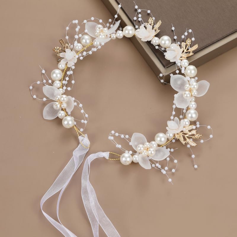 Davfiecn Flower Girl Headpiece & Headband - Princess Flower Girl & Bridesmaid (White, One Size)