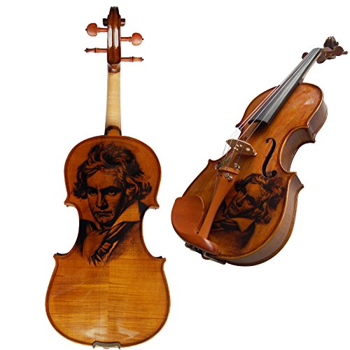 Kinglos 4/4 Beethoven Carved Ebony Fitted Solid Wood Violin Kit with Case, Shoulder Rest, Bow, Rosin, Extra Bridge and Strings Full Size