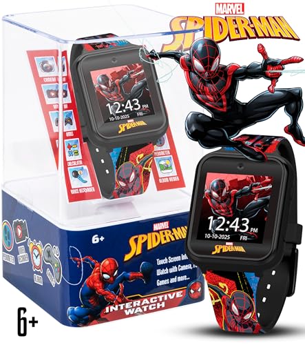 Spider-Man Kids LED Smartwatch with 10 Watch Faces, Flashing LED Bezel, Step Counter, Selfie and Video Camera, Timer, Stopwatch, Alarm, Calculator, Fun Games, and 3 Wallpapers – Fits Wrists 5.5
