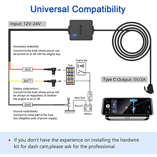 Dash Cam Hardwire Kit, G Sensor Smart Parking Mode Cable Type C USB