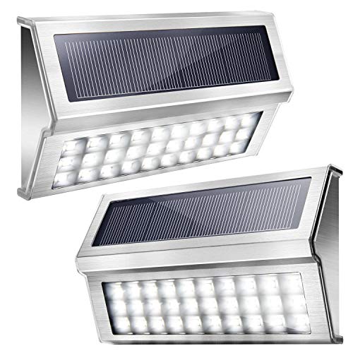 Upgraded 30 LED Solar Step Lights JACKYLED Outdoor Solar Stair Lights Waterproof Solar Powered Deck Lights Stainless Steel Cool White Light Security Lights for Path Fence Patio Wall Dock 2-Pack