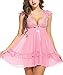 Avidlove Women Sexy Babydoll Two Pieces Nightwear Mesh Lace Lingerie Set Pink XXL