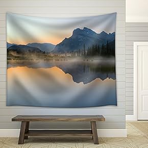 Vermillion Lake with Mount Rundle and Reflection at Dawn - Fabric Wall Tapestry Home Decor - 51x60 inches