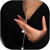 Pearl Lariat Necklaces for Women Simple Long Pearl Snake Chain Necklace Pull-out Adjustable Pearl Pendant Y Necklace Statement Costume Jewelry Presents