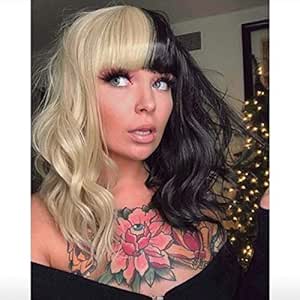 Amazon Com Miman Half Blonde And Half Black Wig Short Bob Wavy Curly Wig With Bangs 2 Tone Dyed Hair Halloween Costume Wigs Cosplay Party Wig Beauty Personal Care