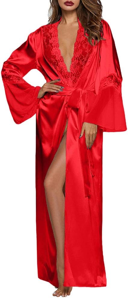 Womens Long Robe Kimono Satin Gown Lingerie S-XXL