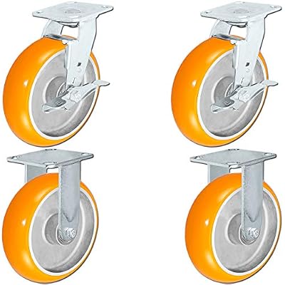 4 Pack - 8" x 2" Non-Marking Orange Tread Polyurethane Casters - 2 Swivel with Brakes and 2 Rigids - Heavy Duty Casters for Automotive and Manufacturing - HD Casters
