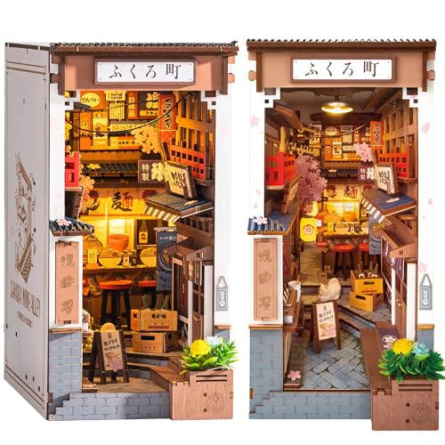 Rolife Book Nook DIY Wooden Model Adult with Lights Sakura Wine Alley 3D Puzzle Miniature House Building Bookends Diorama Decoration Book Library Living Room
