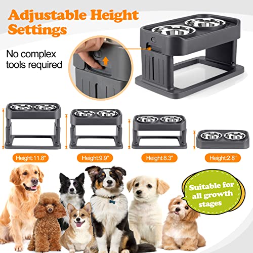 Elevated Dog Bowls Adjustable 4 Heights with 2 Stainless Steel Dogs