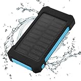 FLOUREON 10000mAh Solar Charger Power Bank Waterproof Portable External Battery Backup with Dual USB for Android iPad iPhone Cellphones, LED Flashlight with Compass for Emergency(Blue)