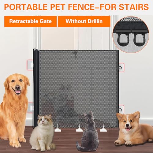 78CM Extra Tall Pet Gate,130CM Wide Retractable Cat Gate with Support Rods and Floor Hook,Easy to Use Pet Fence for The House Stairs Doorways Hallways Indoor Outdoor, No-Drill Installation(A)