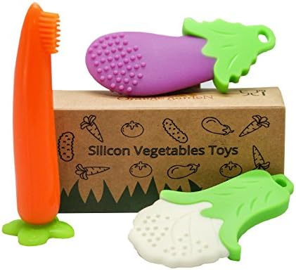 Newborn Teething Toys - Baby Toys, Carrot Toothbrush & Vegetables Shaped Silicon Baby Teether Set