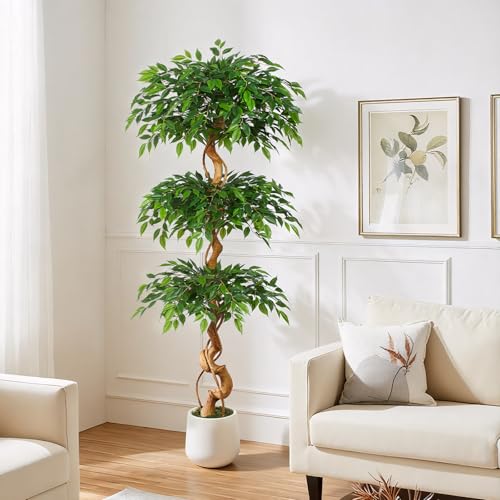 Keeplush - Artificial Ficus Plant, 180cm with White Pot, Real Large Artificial Plants with Curved Trunk and 1860 Leaves Artificial Tree for Indoor Living Room Decor