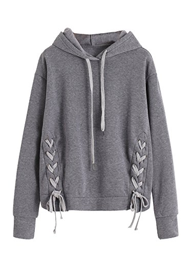SheIn Women s Casual Long Sleeve Drop Shoulder Lace Up Hoddie Sweatshirt Small Dark Grey
