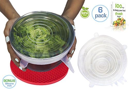 Arua Home 6 Money-Saving Silicone Stretch Lids with Bonus Pot Holder Trivet 3 Colors Reusable, Expandable, Durable, Versatile Food Covers for Bowls, Containers, Cans, Mason Jars, Mugs