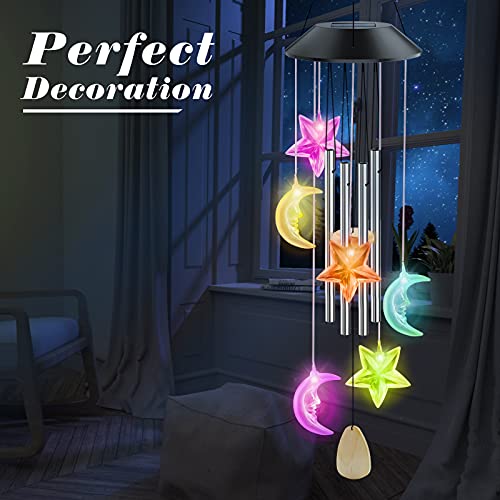 PUISUIT Solar Wind Chimes for Outside, LED Changing Color Memorial Wind Bell for Garden, Patio, Yard, Party Decoration, Waterproof, 25 Inch Low Tone(Moon and Star)