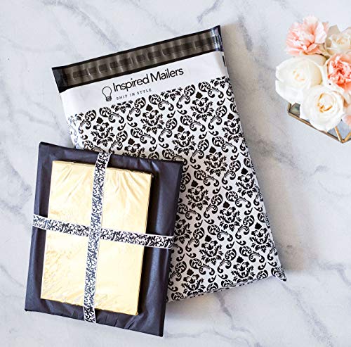 Inspired Mailers - Poly Mailers 10x13 - Damask Pattern (Black) - 100 Pack - 3.15mil Unpadded Shipping Bags